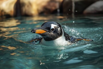 Gentoo penguin swimming on the surface of clear blue water