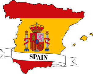 The map of Spain superimposed by the Spanish flag and with its name on a ribbon