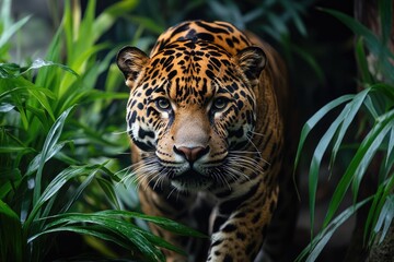 Obraz premium Jaguar walking through lush green vegetation in the jungle
