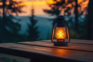 Kerosene lamp illuminating wooden table during sunset in the mountains