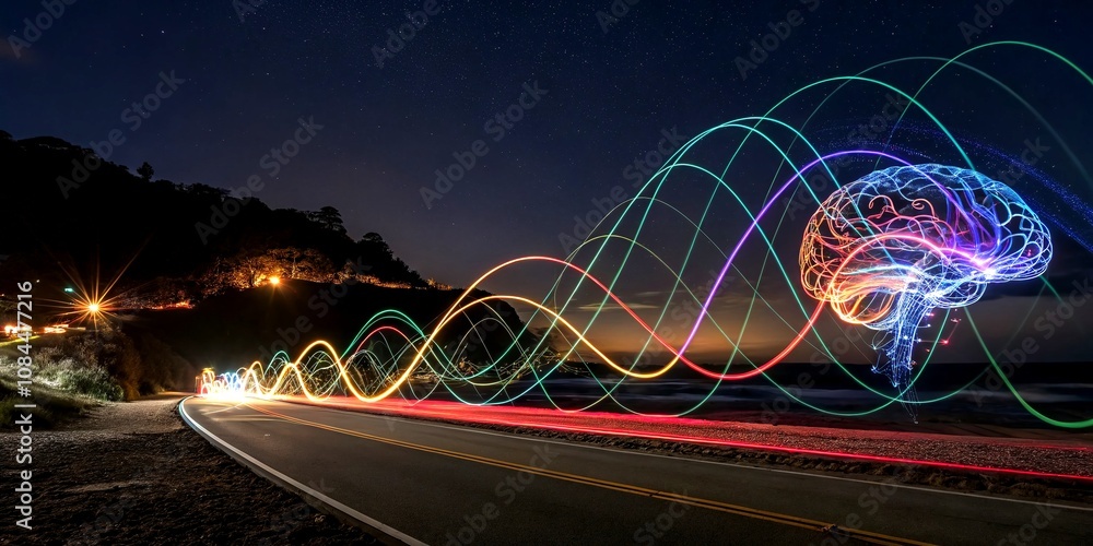 Poster long exposure visualization of brain waves in a colorful abstract design reflecting neural activity 