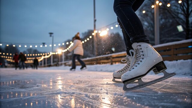 Ice skating at the city ice arena in the evening, photo of legs with knee-high skates
