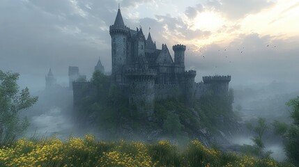 Obraz premium Medieval castle emerging from fog at sunrise with birds flying