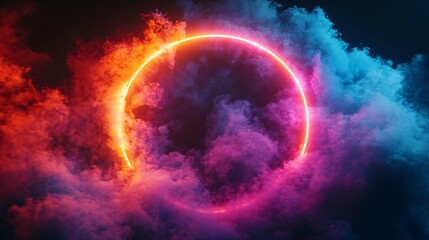 Neon round linear frame glowing inside colorful cloud on black background, render, neon, round, linear, frame