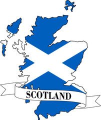 The map of Scotland overlaid by the Scottish flag and with its name on a ribbon