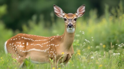 White-tailed deer fawn standing in a meadow
