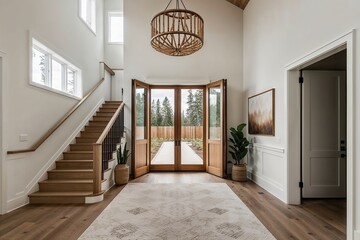 Stylish Nordic Entryway Design Featuring Bi-Fold Doors Staircase and Natural Wood Details