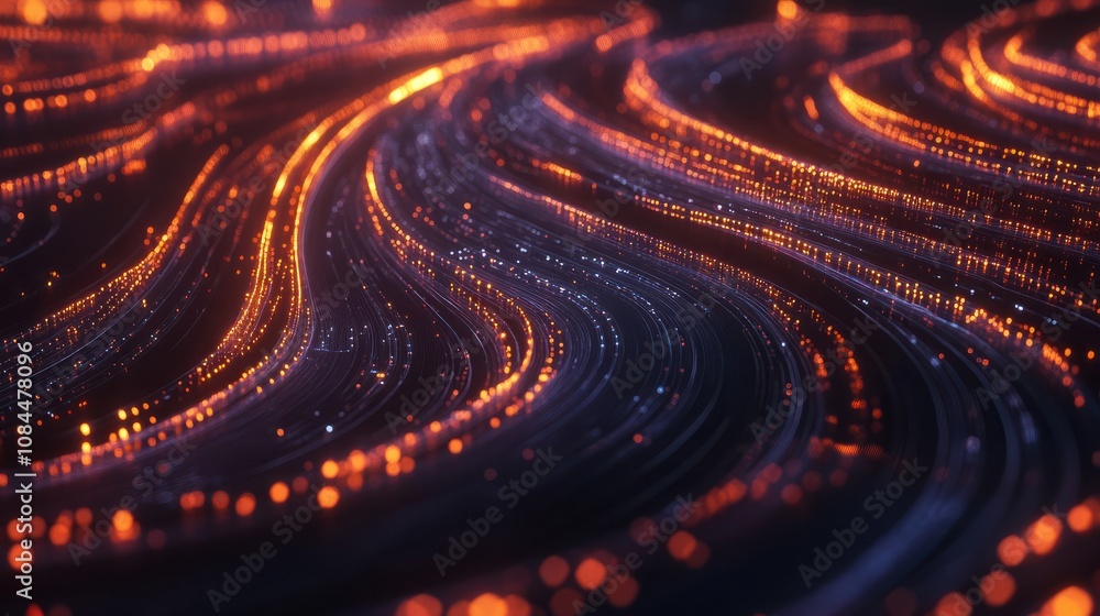 Poster intricate lines and dots creating a glowing abstract network on a dark background, symbolizing conne