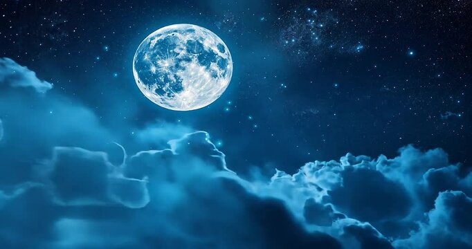a deep midnight sky with a large, luminous moon and thick clouds rolling gently,