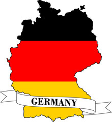 The map of Germany overlaid by the German flag and with its name on a ribbon