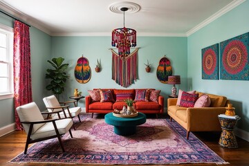 Stylish Bohemian Living Room Design Featuring Modern Furniture and Colorful Decor