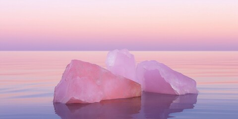 A pink ice block sits on the surface of the water. The pink ice is surrounded by a blue and pink sky