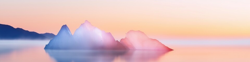A large ice block floating in the ocean with a pink, purple and blue color. The sky is pink and the water is calm
