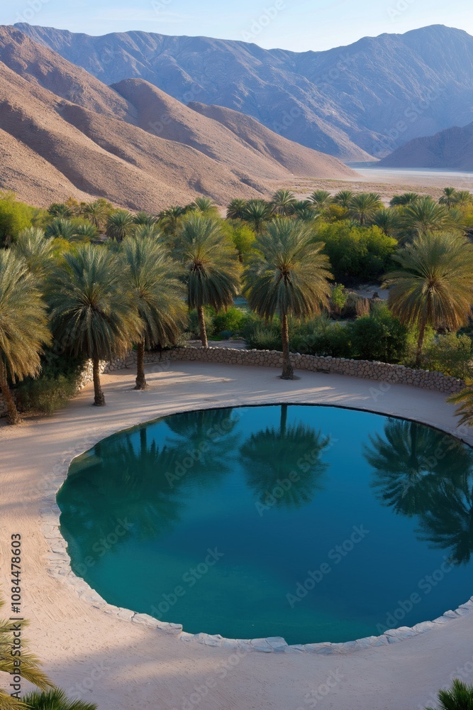 Poster a large pool with palm trees surrounding it. the pool is blue and the trees are green. the scene is 