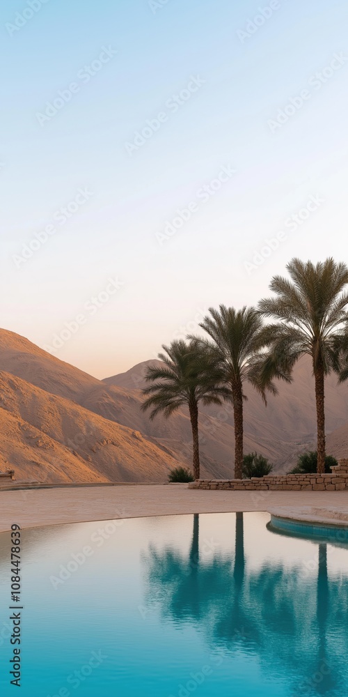 Aufkleber a pool with palm trees in the background. the pool is surrounded by a stone wall and the palm trees 