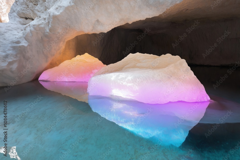 Poster two ice blocks are floating in a blue body of water. the ice blocks are illuminated with a rainbow o
