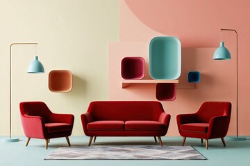 Red Fabric Chair and Loveseat Seating Display on Pastel Background 3D Render