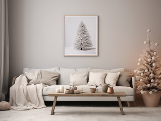 Modern minimalist Scandinavian style interior in neutral colors with Christmas decor, neutral couch and winter art on the wall. Holiday season interior. Winter mood interior.