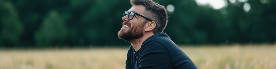 Obraz premium A man with a beard and glasses is sitting in a field. He is smiling and looking up at the sky