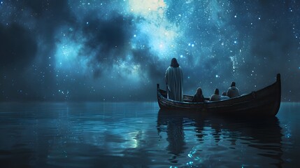 Obraz premium Jesus standing on a boat surrounded by a calm sea reflecting the night sky, dark clouds lifted, serene stars mirrored in the water, disciples watching in silent awe, photorealistic textures,