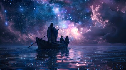 Jesus standing on a boat surrounded by a calm sea reflecting the night sky, dark clouds lifted, serene stars mirrored in the water, disciples watching in silent awe, photorealistic textures,