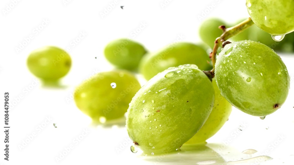Poster macro photography of a fresh green grape falling isolated on a white background, capturing the momen