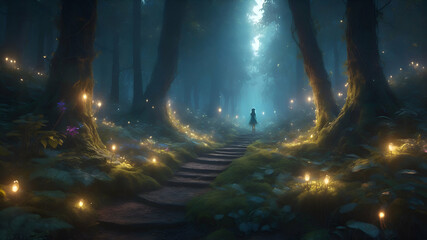  Enchanted Forest with Glowing Plants and Fairy Lights, Magical Night Scene, High-Quality Fantasy Art.