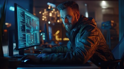 Obraz premium No glitches in this code. Shot of a happy computer programmer working on new software at his computer.