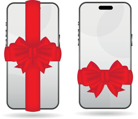 Phone smartphone  with gift ribbon and bow on a white background. Blank template for your design - branding mockup