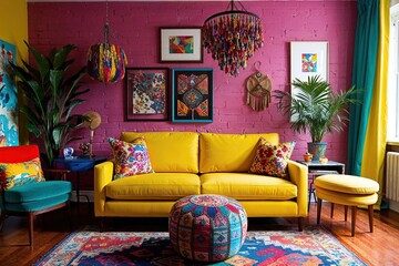 Eclectic Studio Interior Design Featuring Playful Yellow Sofa and Colorful Pouf