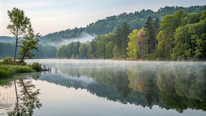 Fototapeta premium Misty lake with reflection of trees and hills