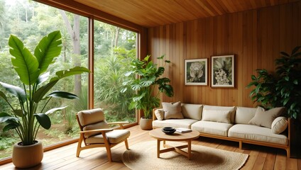 Naklejka premium A luxurious, stylish, wooden warm modernist interior with panoramic windows with elegant, organic wooden elements, surrounded by lush, paradise nature.