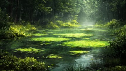 Fototapeta premium Enchanted Forest River: A Misty Landscape of Tranquil Beauty
