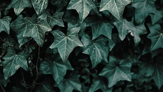A close-up view of lush, dark green ivy leaves