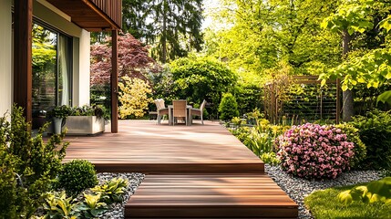 Obraz premium Backyard area featuring a spacious wooden deck for entertaining.