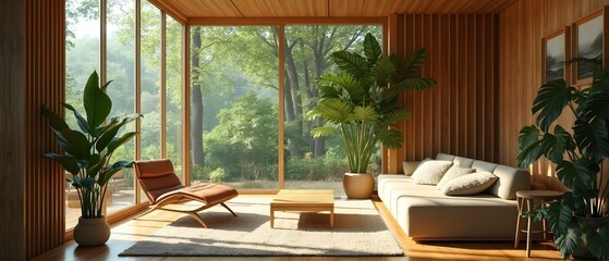 Fototapeta premium A luxurious, stylish, wooden warm modernist interior with panoramic windows with elegant, organic wooden elements, surrounded by lush, paradise nature.