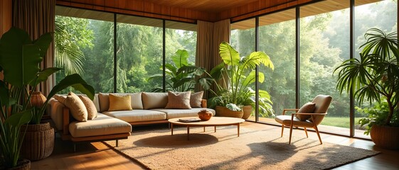 Obraz premium A luxurious, stylish, wooden warm modernist interior with panoramic windows with elegant, organic wooden elements, surrounded by lush, paradise nature.