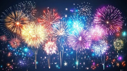 Fototapeta premium Silvester new year 2025 fireworks background banner panorama long- Colorful firework on rustic dark blue night sky texture