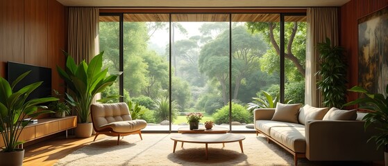 Fototapeta premium A luxurious, stylish, wooden warm modernist interior with panoramic windows with elegant, organic wooden elements, surrounded by lush, paradise nature.