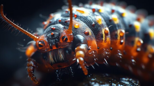 Extreme close-up of a fascinating insect, showcasing intricate details and vibrant colors. The dark background accentuates the creature's unique features.