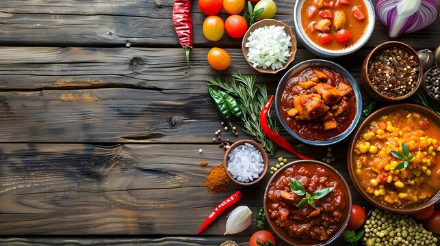 Assorted bowls of chili, stews, and spices served with fresh vegetables and herbs on a rustic wooden table. Flat lay food photography.
