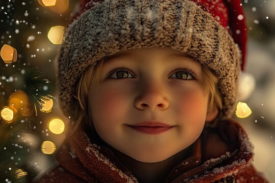ni&Atilde;&plusmn;o con gorro de Sant Claus, est&Atilde;&iexcl; nevando, fondo de aveto decorado con mini lucecitas de navidad, realistic, photo-realistic, hyperrealism, 8k, generative ai