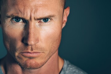 Fototapeta premium Intense portrait of a determined man with blue eyes and focused expression