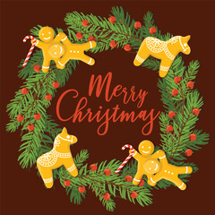 Hand drawn cristmas circle frame or wreath. Vector illustration