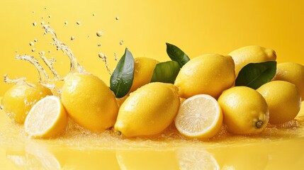 Juicy lemons with splashing water droplets, vibrant yellow color, refreshing summer vibes.