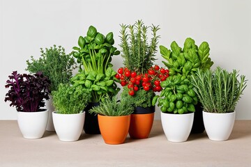 Colorful Herb Arrangement in Stylish Pots on Minimalist Background