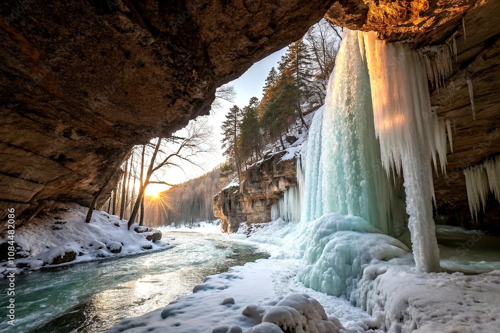 Poster mesmerizing frozen waterfall cave with intricate ice formations and crystal-like structures illumina