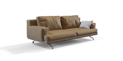 Mustard yellow\brown Leather Sofa Render isolated PNG on transparent background with shadow advertising