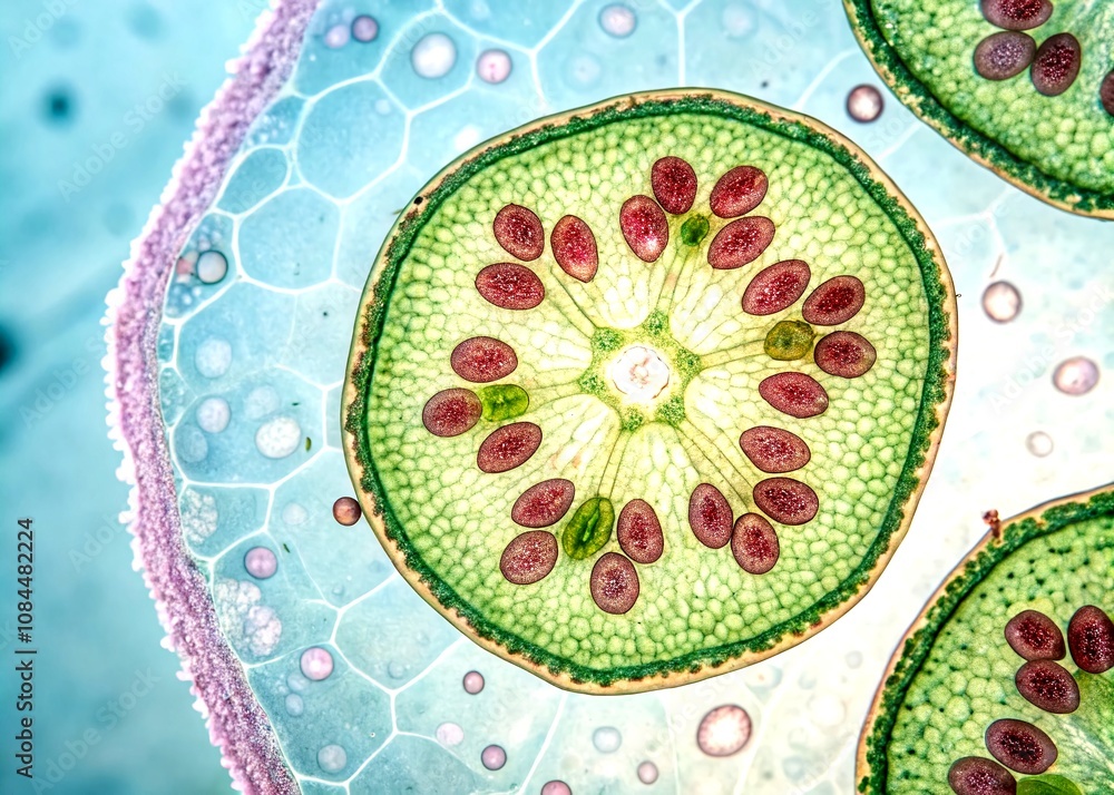 Poster microscopic cross section of phaseolus vulgaris bean with attached ovule for botanical education fea