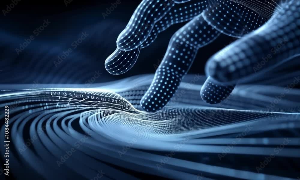 Aufkleber hand interacts with digital mesh landscape video animation, ai generated. creating waves across virt